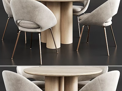 Modern Dining Table Set With Wooden Tabletop And Curved Upholstered Chairs With Metal Legs 3d model