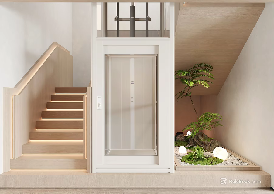 Modern Interior Featuring Wooden Staircase Home Elevator Green Plants And Decorative Stones 3d model 