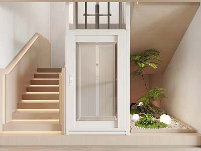 Modern Interior Featuring Wooden Staircase Home Elevator Green Plants And Decorative Stones 3d model