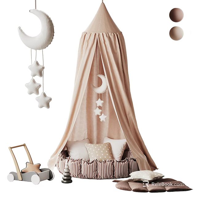 Cozy Children's Tent With Beige Canopy Star Moon Hangings And Striped Cushion 3d model 