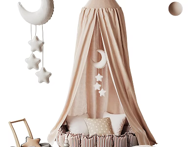 Cozy Children's Tent With Beige Canopy Star Moon Hangings And Striped Cushion 3d model