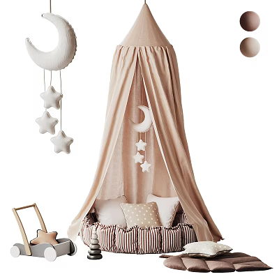 Cozy Children's Tent With Beige Canopy Star Moon Hangings And Striped Cushion 3d model