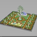 Detailed Miniature Natural Garden With Green Lawn Tall Tree Blue Water Feature And Pathways