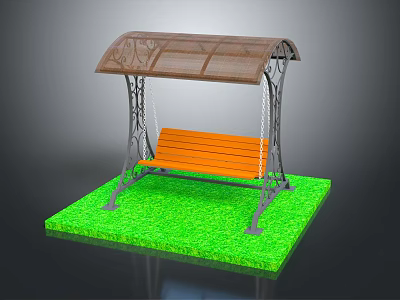 Outdoor Playground Swing With Brown Canopy Metal Frame Orange Wooden Seat And Green Grass Base 3d model