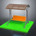 Outdoor Playground Swing With Brown Canopy Metal Frame Orange Wooden Seat And Green Grass Base