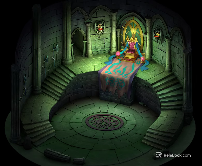 Cartoon Castle Throne Room With Stone Walls Arched Doorways And Golden Throne 3d model 