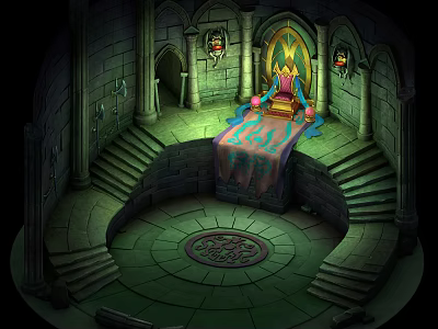 Cartoon Castle Throne Room With Stone Walls Arched Doorways And Golden Throne 3d model