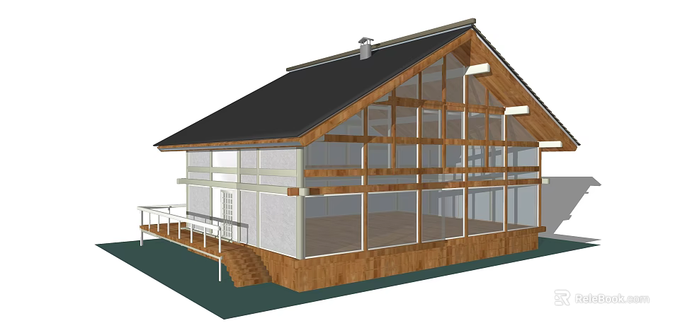 Modern Detached House Featuring Large Glass Windows Wooden Structure Black Roof Porch And Steps 3d model 