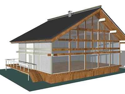Modern Detached House Featuring Large Glass Windows Wooden Structure Black Roof Porch And Steps 3d model