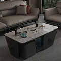 Modern Coffee Table With Marble Top And Decorative Items In Living Room With Sofas 3d model