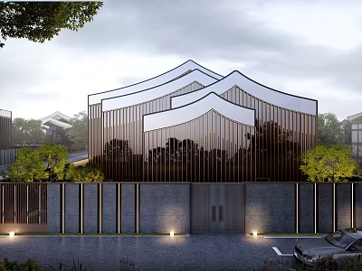 Modern Townhouse With Unique Roof Design And Metal Strip Facade Surrounded By Greenery And Fence 3d model
