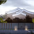 Modern Townhouse With Unique Roof Design And Metal Strip Facade Surrounded By Greenery And Fence
