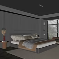 Modern Dark Bedroom Interior With Dark Wood Paneling Bedside LED Strip And Large Window Blinds
