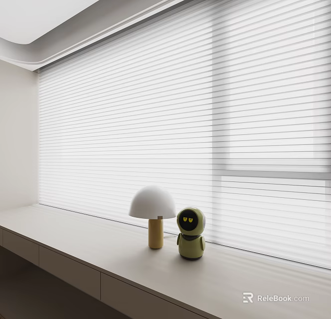 White Horizontal Blinds In Modern Room Interior With Window Sill Decorative Lamp And Figurine 3d model 