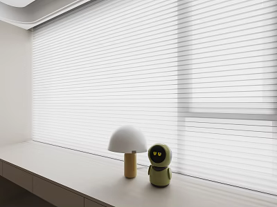 White Horizontal Blinds In Modern Room Interior With Window Sill Decorative Lamp And Figurine 3d model