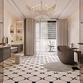 Modern Bathroom With Double Backlit Round Mirrors Marble Walls Dual Vanities And Geometric Floor Tiles