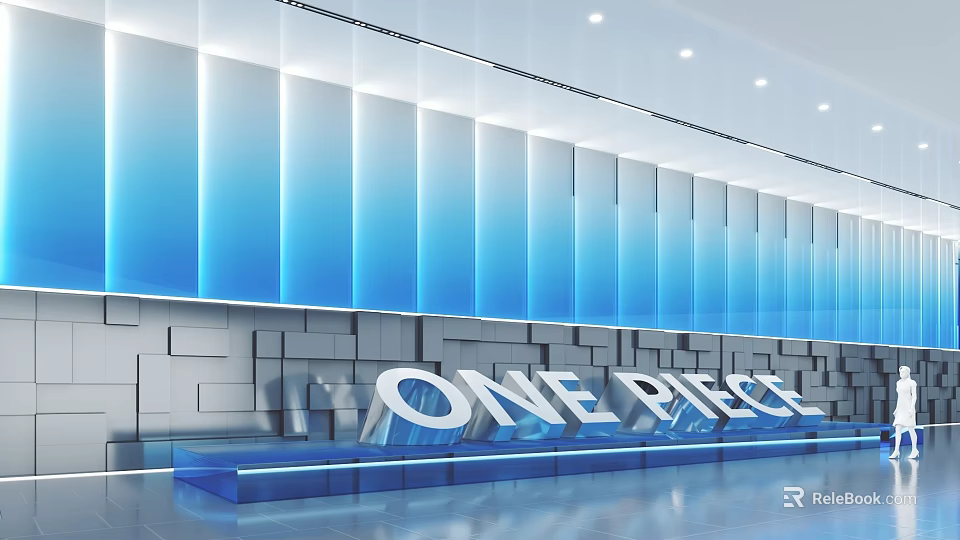 Modern Exhibition Hall With Blue Gradient Wall 3D Letters ONE PIECE Smooth Floor And Lighting 3d model 