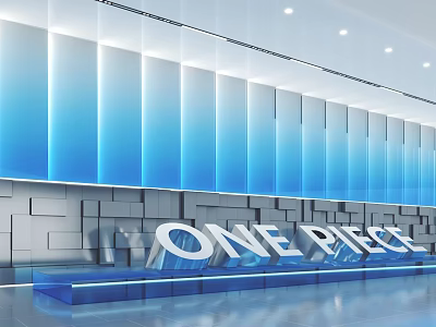 Modern Exhibition Hall With Blue Gradient Wall 3D Letters ONE PIECE Smooth Floor And Lighting 3d model