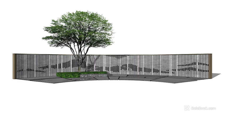 Modern Vertical Slat Landscape Wall With Green Tree And Paved Ground 3d model