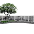 Modern Vertical Slat Landscape Wall With Green Tree And Paved Ground 3d model