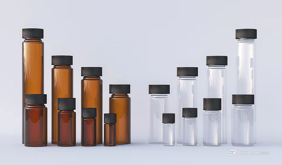 Household Daily Use Bottles With Brown Clear Colors And Black Caps In Various Sizes 3d model 