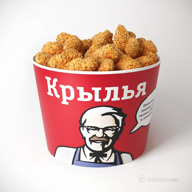 Crispy Fried Chicken Pieces In Red KFC Bucket With Classic Logo 3d model 