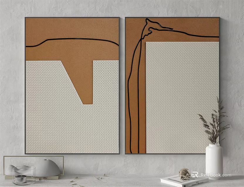 Abstract Canvas Paintings With Brown Lines And Beige Pattern For Interior Wall Decor 3d model