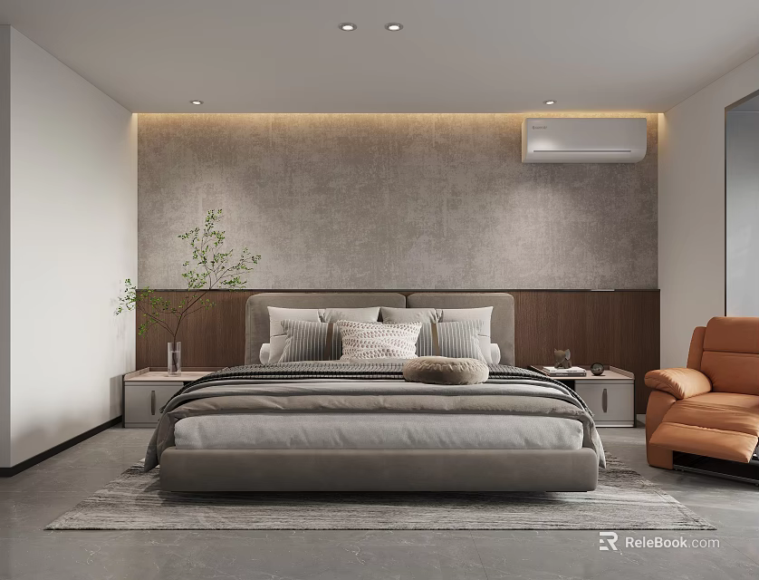 Modern Bedroom Interior Design With Gray Wall Wooden Accents Large Bed And Orange Armchair 3d model 