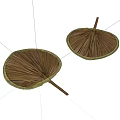 Two Brown Leaf Shaped Hand Fans With Golden Edges And Wooden Handles