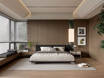 Modern Bedroom Interior With Wooden Walls Large Bed Window Seat Green Plants And Decorative Paintings 3d model