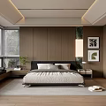Modern Bedroom Interior With Wooden Walls Large Bed Window Seat Green Plants And Decorative Paintings