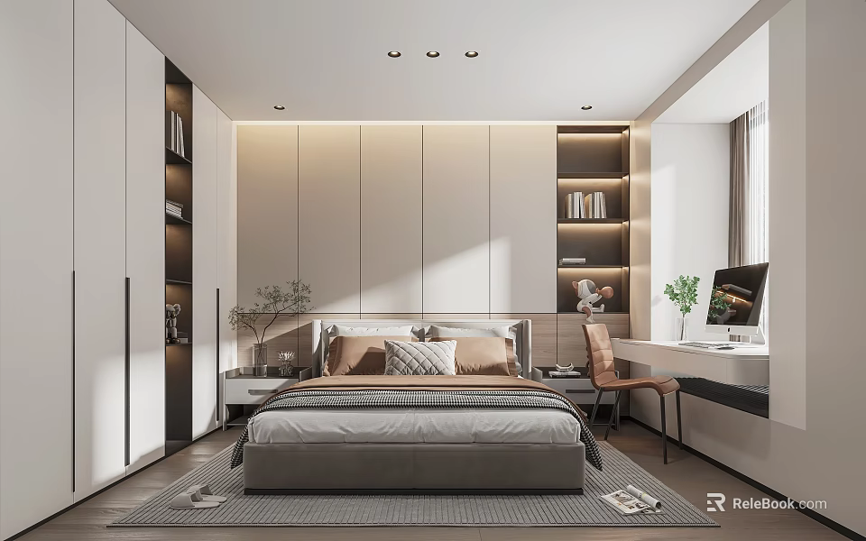 Modern Bedroom Interior Design With Comfortable Bed Nightstand Wardrobe Desk And Plants 3d model 
