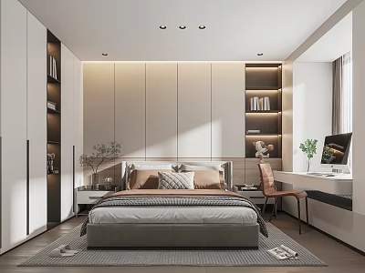 Modern Bedroom Interior Design With Comfortable Bed Nightstand Wardrobe Desk And Plants 3d model