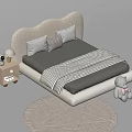 Modern Kids Bed With Upholstered Headboard Striped Blanket Pillows Nightstand Lamp Teddy Bear Round Rug