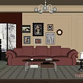 French Middle Ancient Living Room Multi-person Sofa Combination Coffee Table Screen Floor Lamp 3d model