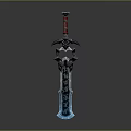 Ornate Mythical Sword With Red Black Hilt And Blue Rune Engraved Blade