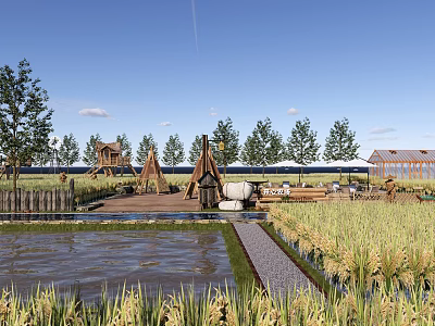 Natural Scenic Wall In Countryside With Rice Field Pond And Wooden Structures 3d model