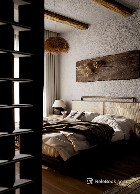 Cozy Bedroom Interior With Rattan Headboard Wooden Wall Art Bedside Lamp And Layered Bedding 3d model 