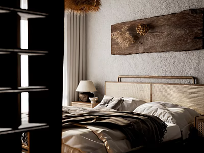 Cozy Bedroom Interior With Rattan Headboard Wooden Wall Art Bedside Lamp And Layered Bedding 3d model