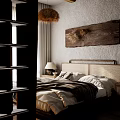 Cozy Bedroom Interior With Rattan Headboard Wooden Wall Art Bedside Lamp And Layered Bedding
