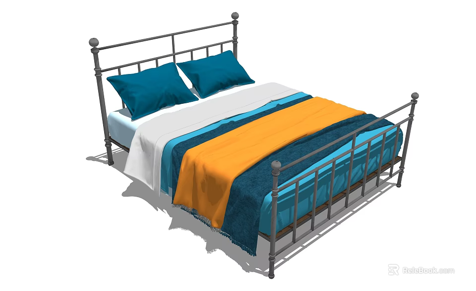 Stylish Double Bed with Metal Frame Blue Pillows and Orange Blue Blanket 3d model 