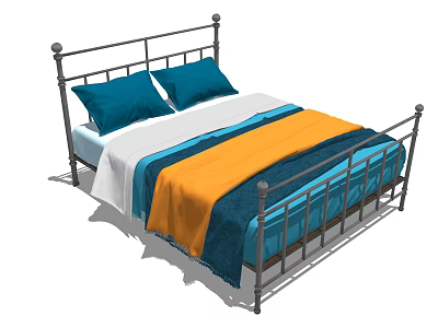 Stylish Double Bed with Metal Frame Blue Pillows and Orange Blue Blanket 3d model