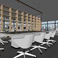 Modern Conference Room Interior Design With Long Table White Chairs Bookshelves And Large Windows