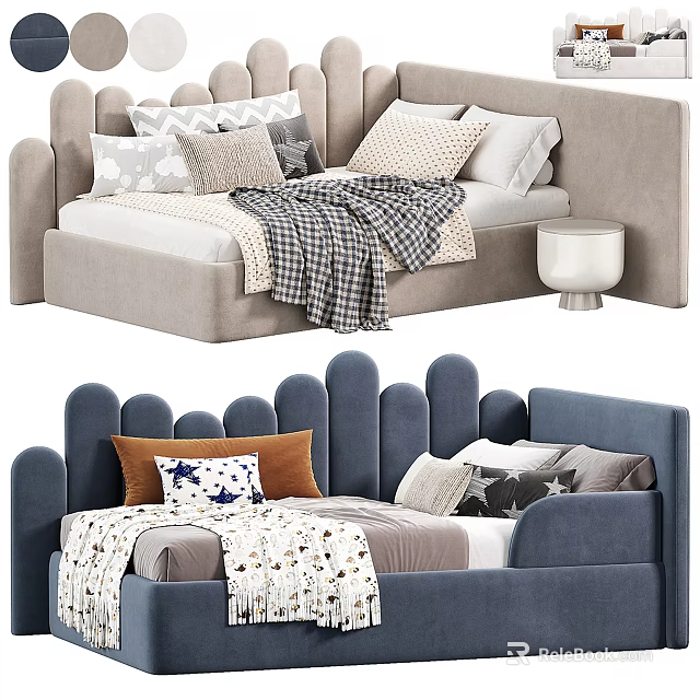 Stylish Kids Bed with Wave Shaped Headboard Soft Blue Light Grey Cozy Pillows Blankets 3d model 