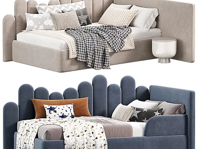 Stylish Kids Bed with Wave Shaped Headboard Soft Blue Light Grey Cozy Pillows Blankets 3d model