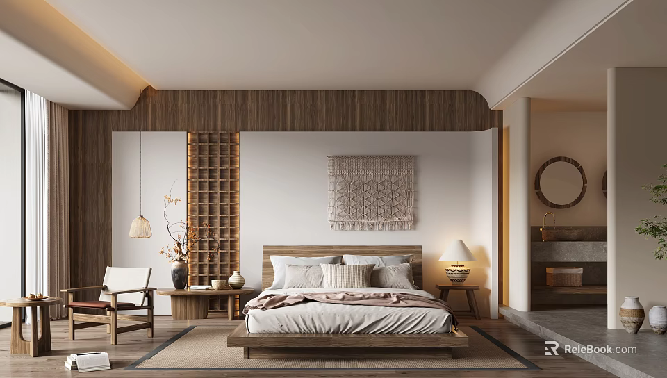 Modern Hotel Room Interior With King Bed Wooden Decor Pendant Light And Wall Art 3d model 