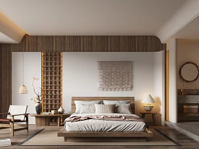 Modern Hotel Room Interior With King Bed Wooden Decor Pendant Light And Wall Art 3d model