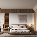 Modern Hotel Room Interior With King Bed Wooden Decor Pendant Light And Wall Art