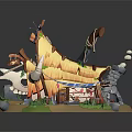 Cartoon Tribal Tent Scene With Bull Horns Bone Decorations Plants And Stones