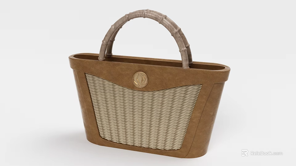 Brown Basket Bag with Bamboo Handle and Woven Texture Featuring Circular Decorative Button 3d model
